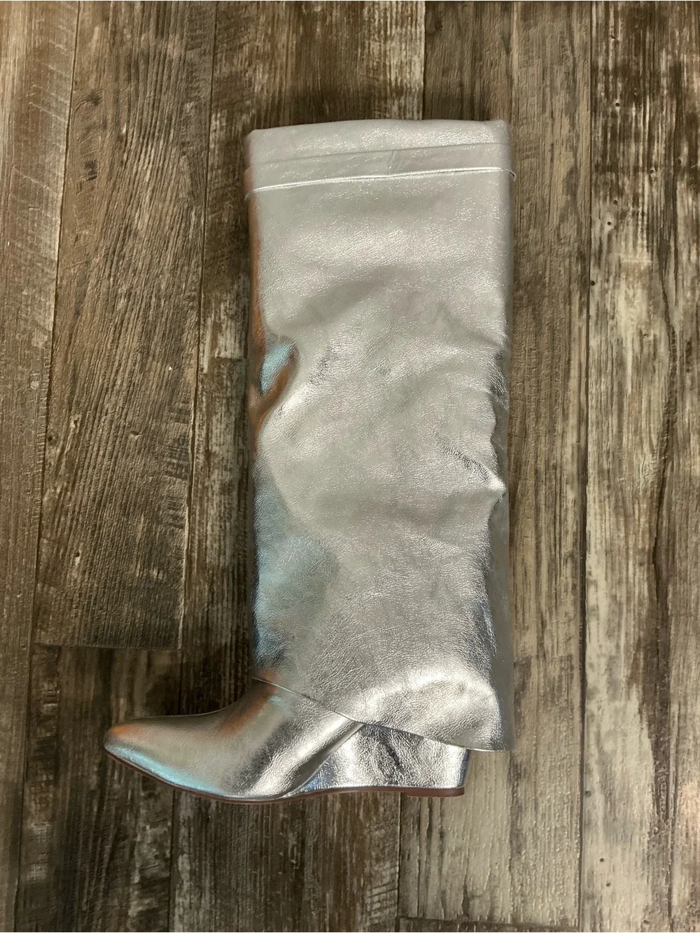 NWOB Fashion Nova Metallic Silver Knee-High Wedge Boots Size 9